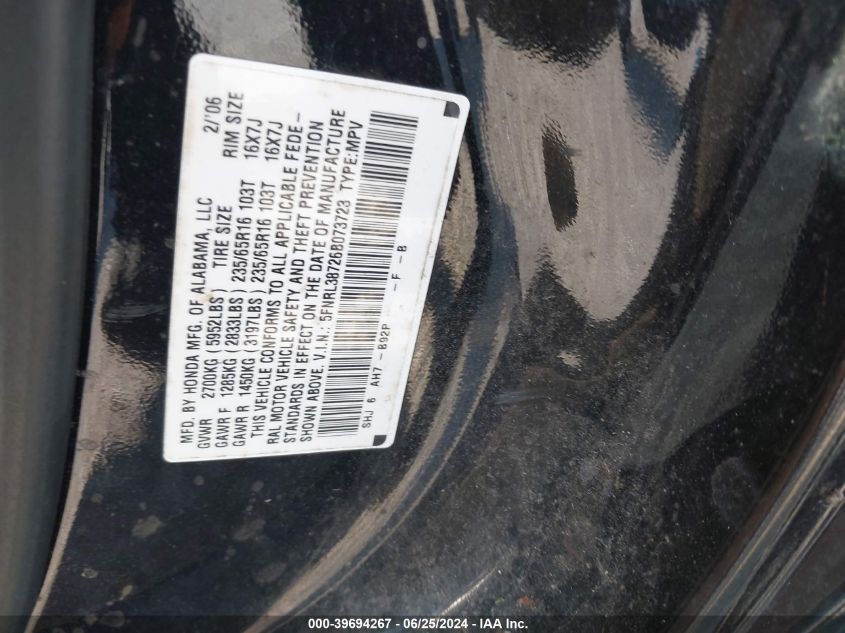 2006 Honda Odyssey Ex-L VIN: 5FNRL38726B073723 Lot: 39694267