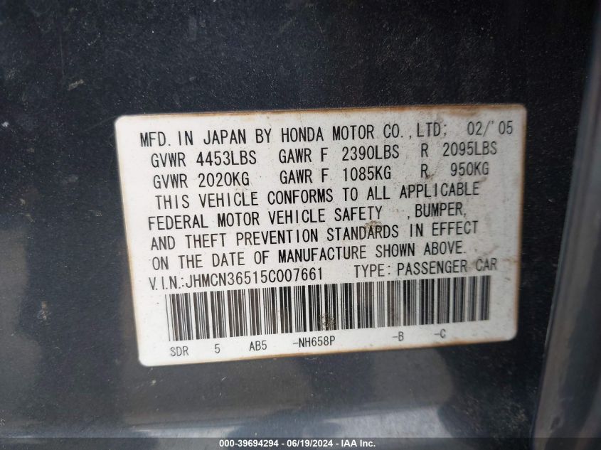 JHMCN36515C007661 | 2005 HONDA ACCORD HYBRID