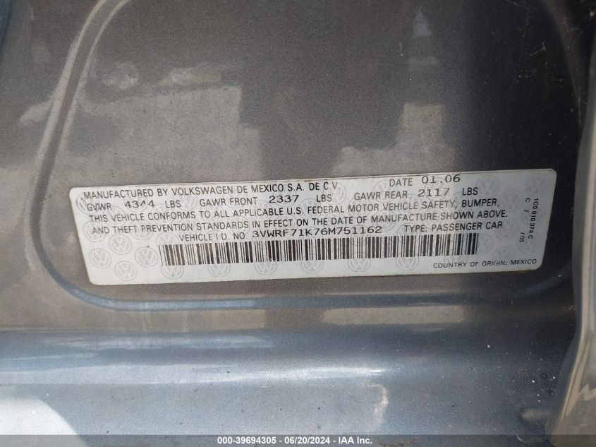 2006 Volkswagen Jetta 2.5 VIN: 3VWRF71K76M751162 Lot: 39694305