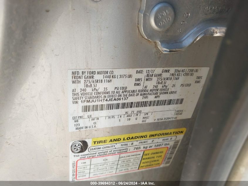 2018 Ford Expedition Xlt VIN: 1FMJU1HT4JEA06137 Lot: 39694312