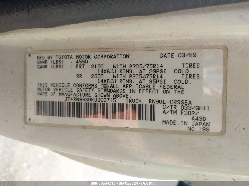 1989 Toyota Pickup 1/2 Ton Ex Lng Whlbase Sr VIN: JT4RN93S0K0009715 Lot: 39694313