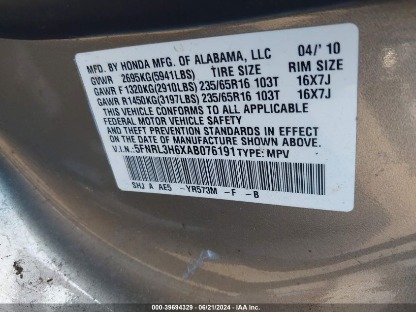 2010 Honda Odyssey Ex-L VIN: 5FNRL3H6XAB076191 Lot: 39694329