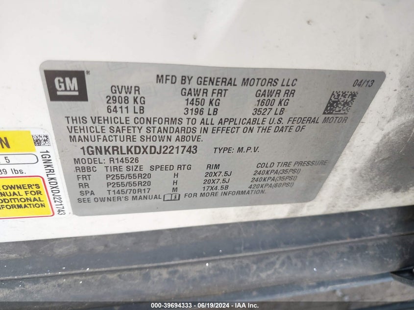 2013 Chevrolet Traverse Ltz VIN: 1GNKRLKDXDJ221743 Lot: 39694333