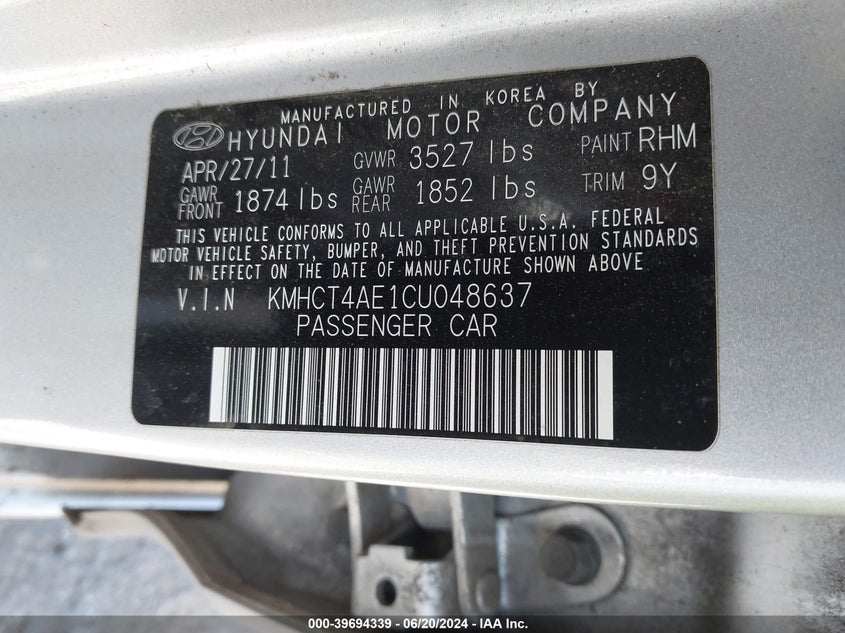 2012 Hyundai Accent Gls VIN: KMHCT4AE1CU048637 Lot: 39694339