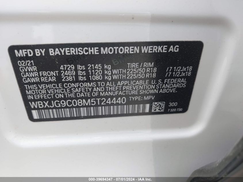 2021 BMW X1 xDrive28I VIN: WBXJG9C08M5T24440 Lot: 39694347