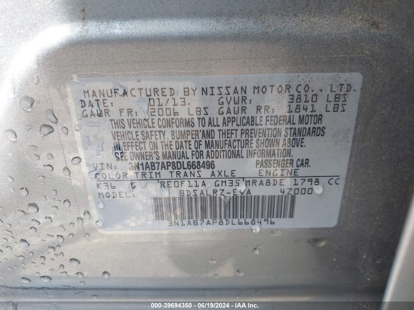 2013 Nissan Sentra Sr VIN: 3N1AB7AP8DL668496 Lot: 39694350
