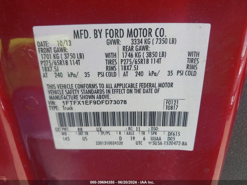 2013 Ford F-150 Xlt VIN: 1FTFX1EF9DFD73078 Lot: 39694355