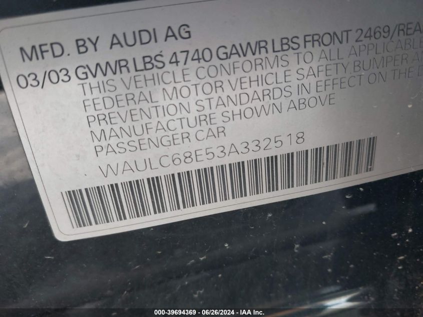 WAULC68E53A332518 | 2003 AUDI A4