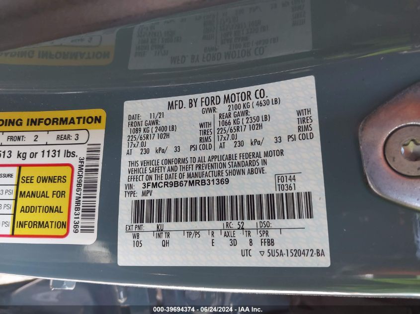 2021 Ford Bronco Sport Big Bend VIN: 3FMCR9B67MRB31369 Lot: 39694374