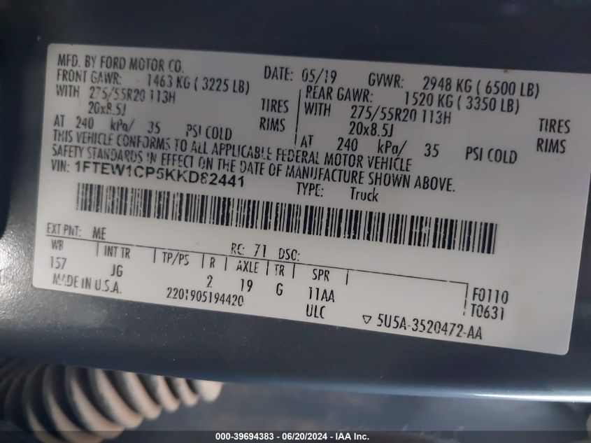 2019 Ford F-150 Xl VIN: 1FTEW1CP5KKD82441 Lot: 39694383