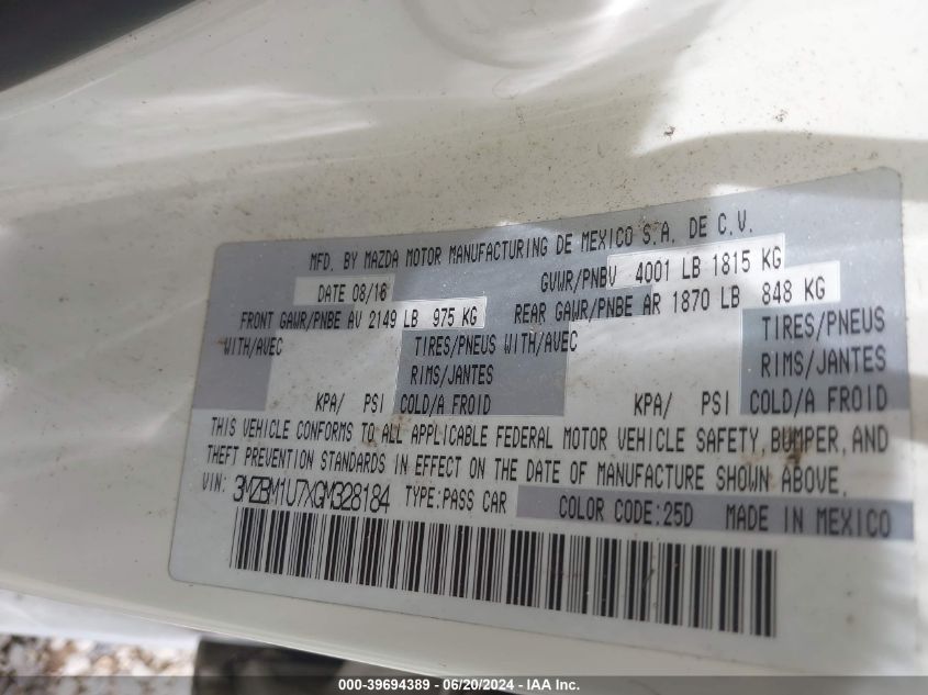 2016 Mazda Mazda3 I Sport VIN: 3MZBM1U7XGM328184 Lot: 39694389