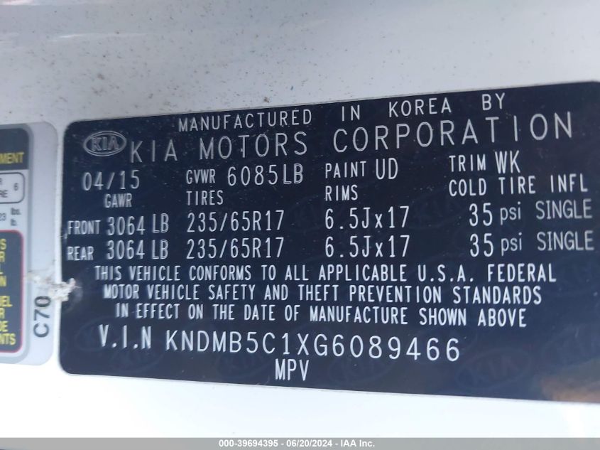 2016 Kia Sedona Lx VIN: KNDMB5C1XG6089466 Lot: 39694395