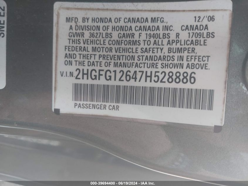 2007 Honda Civic Cpe Lx VIN: 2HGFG12647H528886 Lot: 39694400