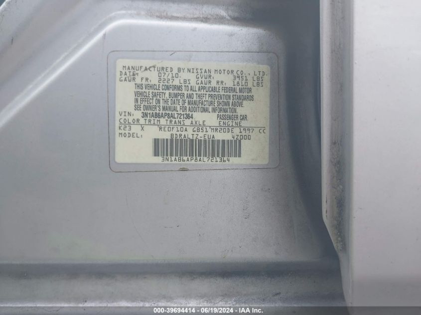 2010 Nissan Sentra 2.0Sr VIN: 3N1AB6AP8AL721364 Lot: 39694414