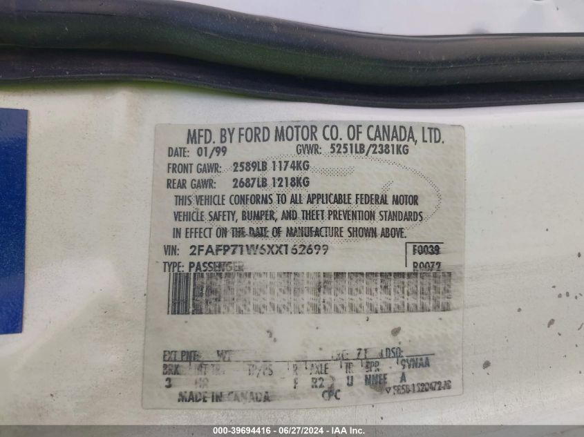 1999 Ford Crown Victoria Police Interceptor VIN: 2FAFP71W6XX162699 Lot: 39694416