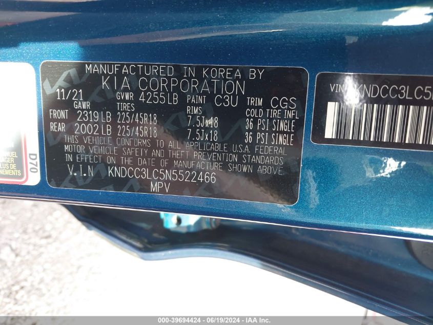 2022 Kia Niro Touring Se VIN: KNDCC3LC5N5522466 Lot: 39694424