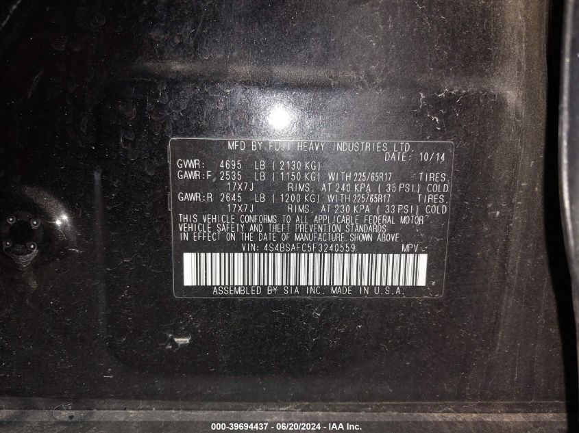 2015 Subaru Outback 2.5I Premium VIN: 4S4BSAFC5F3240559 Lot: 39694437