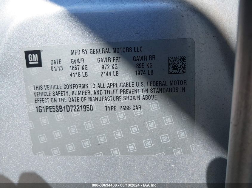 2013 Chevrolet Cruze 2Lt Auto VIN: 1G1PE5SB1D7221950 Lot: 39694439