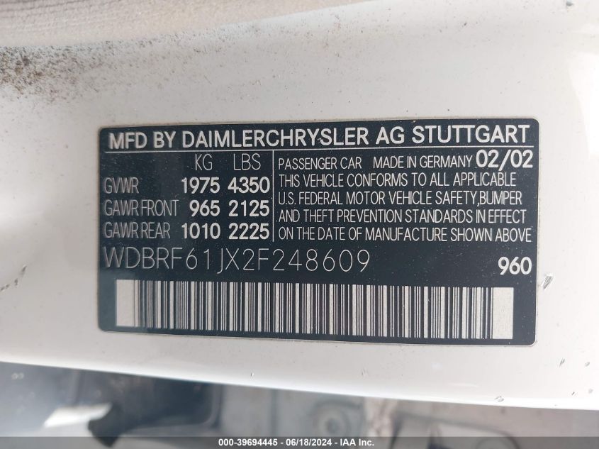 2002 Mercedes-Benz C 240 VIN: WDBRF61JX2F248609 Lot: 39694445