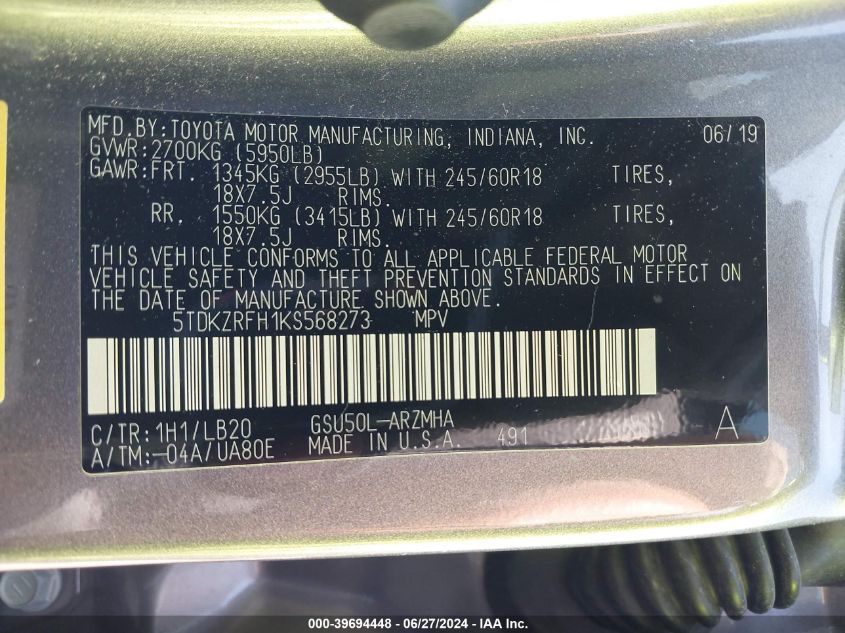 2019 Toyota Highlander Se/Xle VIN: 5TDKZRFH1KS568273 Lot: 39694448