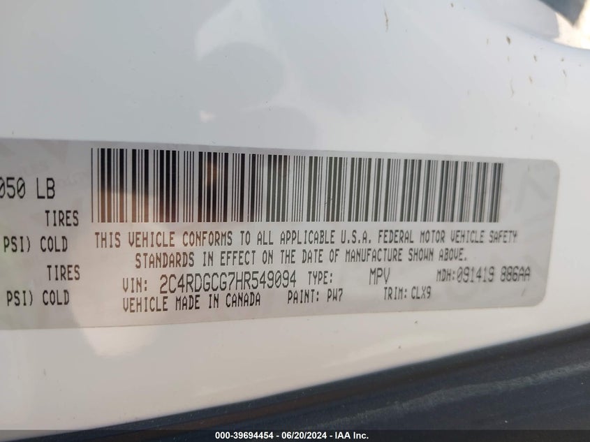 VIN 2C4RDGCG7HR549094 2017 DODGE GRAND CARAVAN SXT