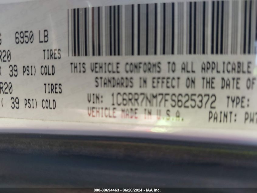 2015 Ram 1500 Laramie VIN: 1C6RR7NM7FS625372 Lot: 39694463