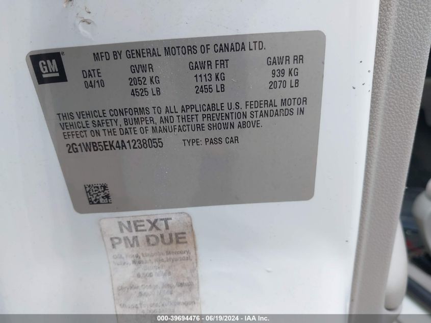 2010 Chevrolet Impala Lt VIN: 2G1WB5EK4A1238055 Lot: 39694476