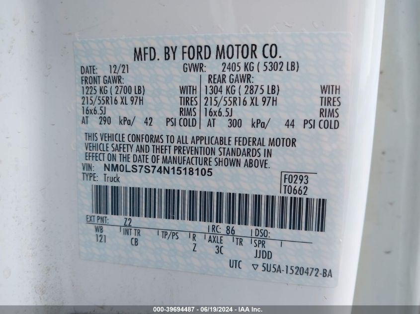 2022 Ford Transit Connect Xl VIN: NM0LS7S74N1518105 Lot: 39694487