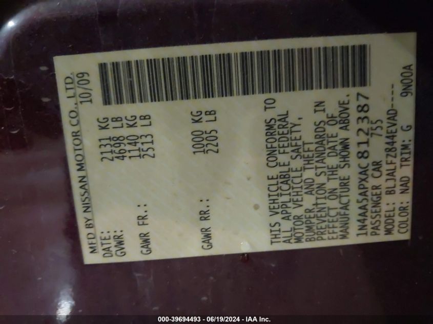 2010 Nissan Maxima S/Sv VIN: 1N4AA5APXACB12387 Lot: 39694493