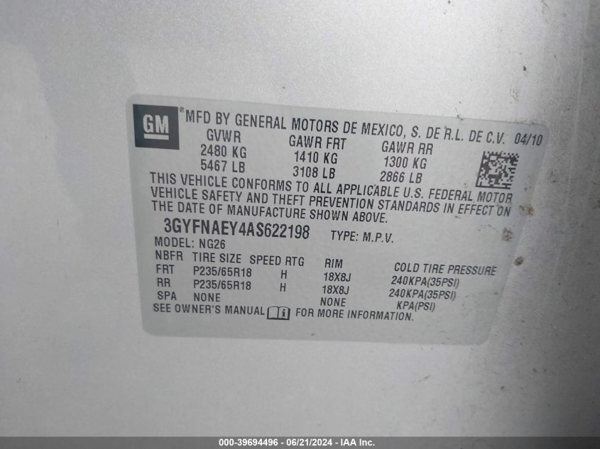 2010 Cadillac Srx Luxury Collection VIN: 3GYFNAEY4AS622198 Lot: 39694496