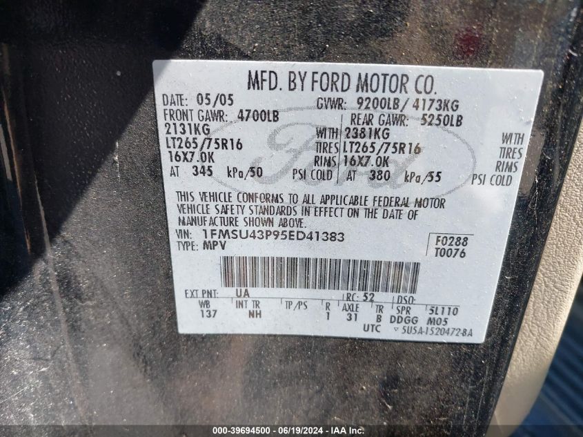 2005 Ford Excursion Limited VIN: 1FMSU43P95ED41383 Lot: 39694500