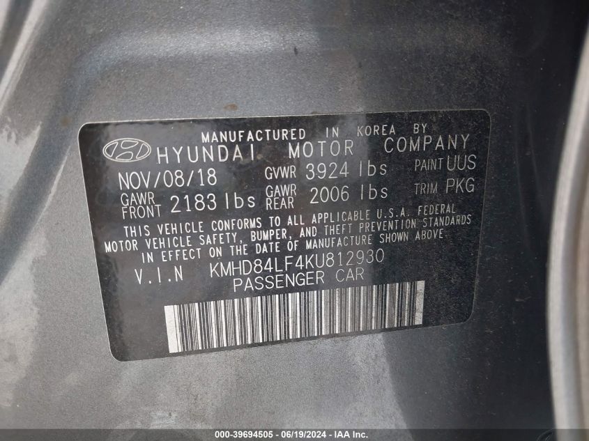 2019 Hyundai Elantra Sel/Value/Limited VIN: KMHD84LF4KU812930 Lot: 39694505