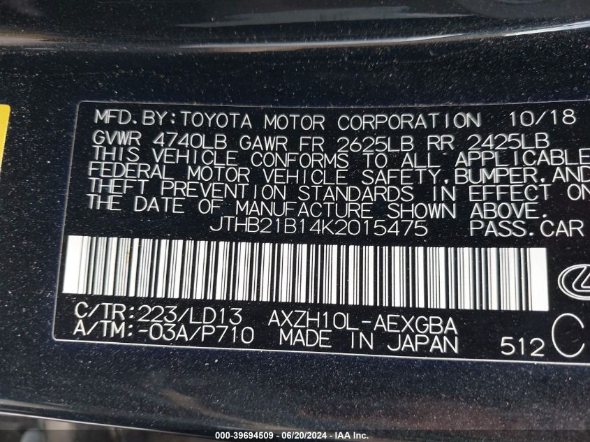 JTHB21B14K2015475 2019 Lexus Es 300H