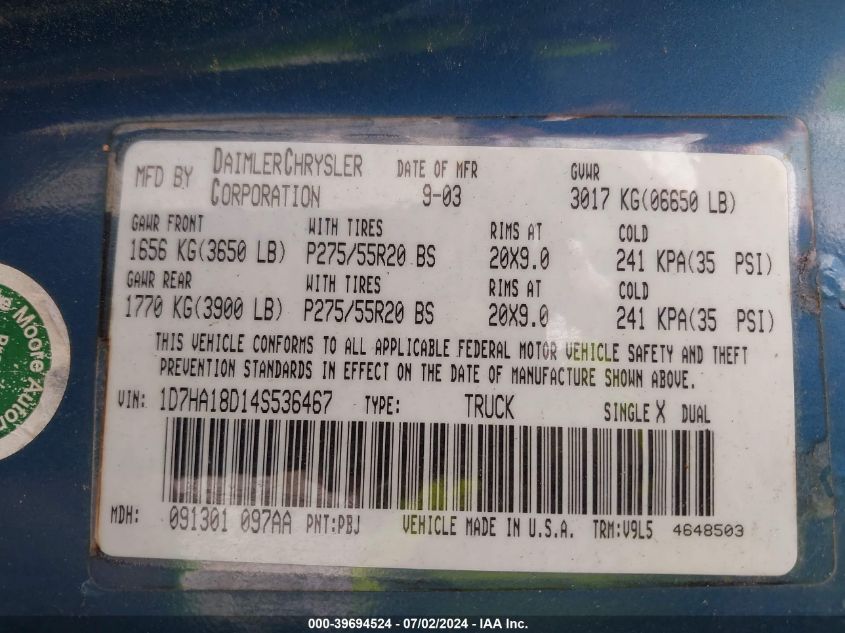 2004 Dodge Ram 1500 Slt/Laramie VIN: 1D7HA18D14S536467 Lot: 39694524