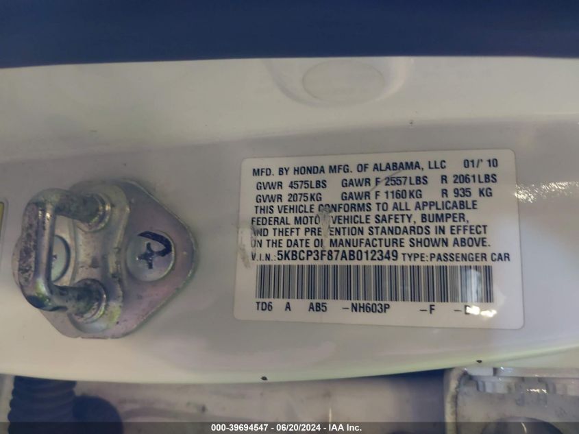 2010 Honda Accord Exl VIN: 5KBCP3F87AB012349 Lot: 39694547