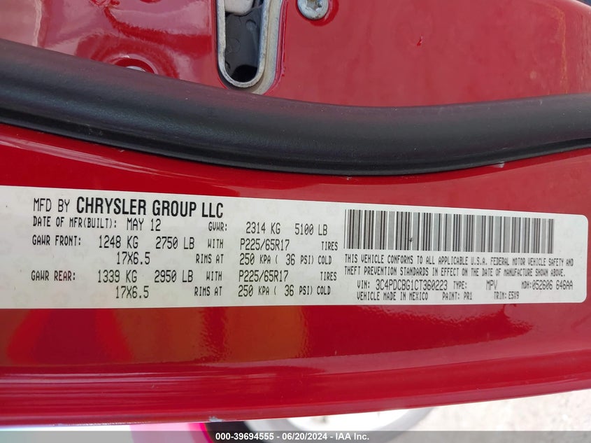 2012 Dodge Journey Sxt VIN: 3C4PDCBG1CT360223 Lot: 39694555