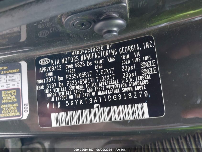 2013 Kia Sorento Lx VIN: 5XYKT3A11DG318279 Lot: 39694557