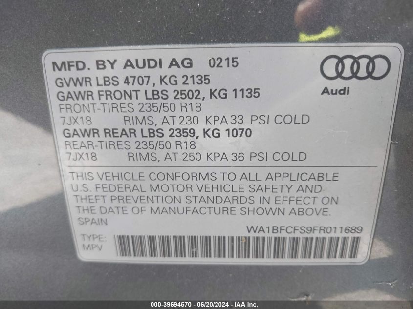 WA1BFCFS9FR011689 2015 Audi Q3 2.0T Premium Plus