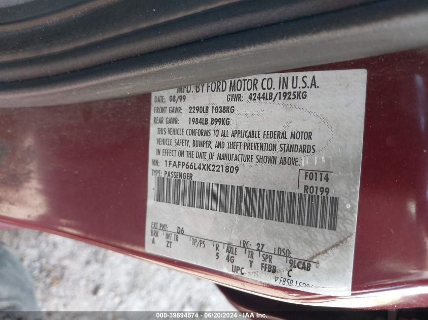 1999 Ford Contour Se VIN: 1FAFP66L4XK221809 Lot: 39694574