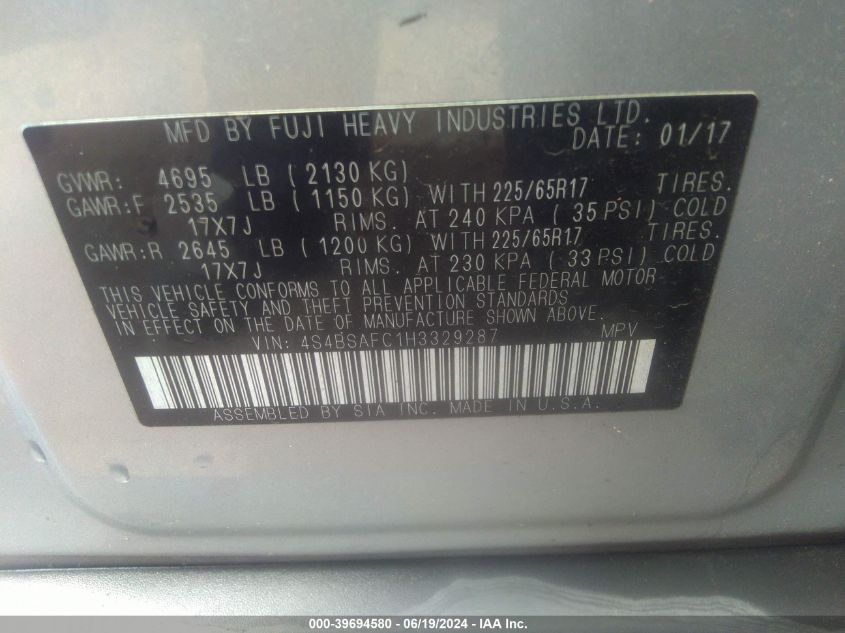 2017 Subaru Outback 2.5I Premium VIN: 4S4BSAFC1H3329287 Lot: 39694580
