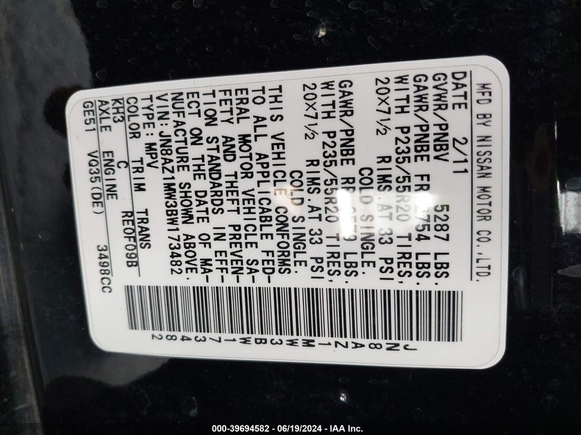 2011 Nissan Murano S/Sl/Le VIN: JN8AZ1MW3BW173482 Lot: 39694582