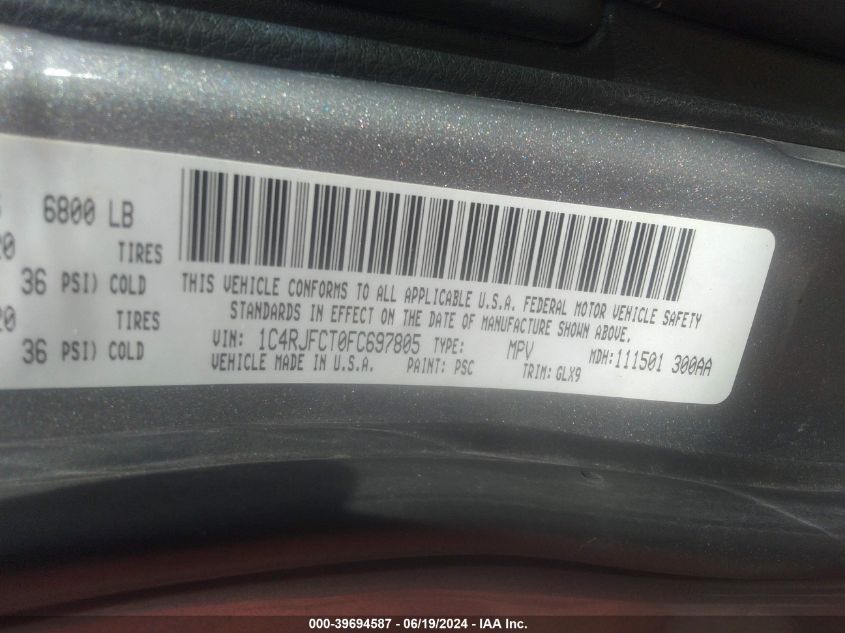 2015 Jeep Grand Cherokee Overland VIN: 1C4RJFCT0FC697805 Lot: 39694587