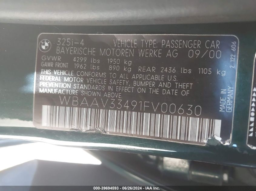 2001 BMW 325I VIN: WBAAV33491FV00630 Lot: 39694593