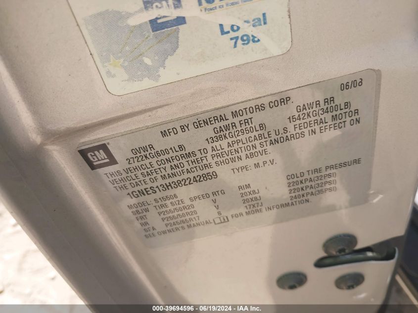 2008 Chevrolet Trailblazer Ss VIN: 1GNES13H382242859 Lot: 39694596