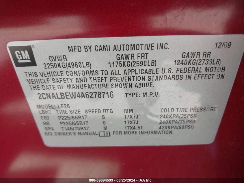 2010 Chevrolet Equinox Ls VIN: 2CNALBEW4A6278716 Lot: 39694599