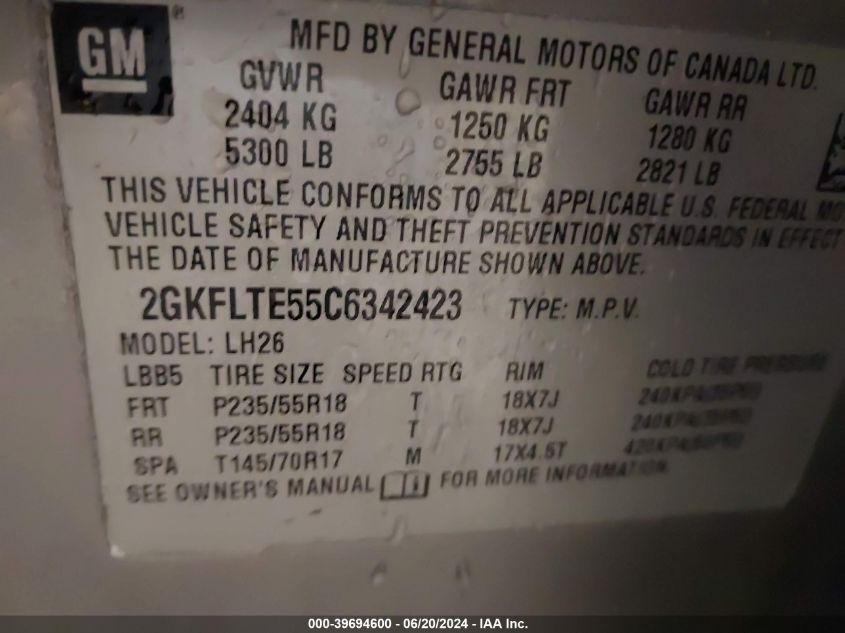 2012 GMC Terrain Sle-2 VIN: 2GKFLTE55C6342423 Lot: 39694600