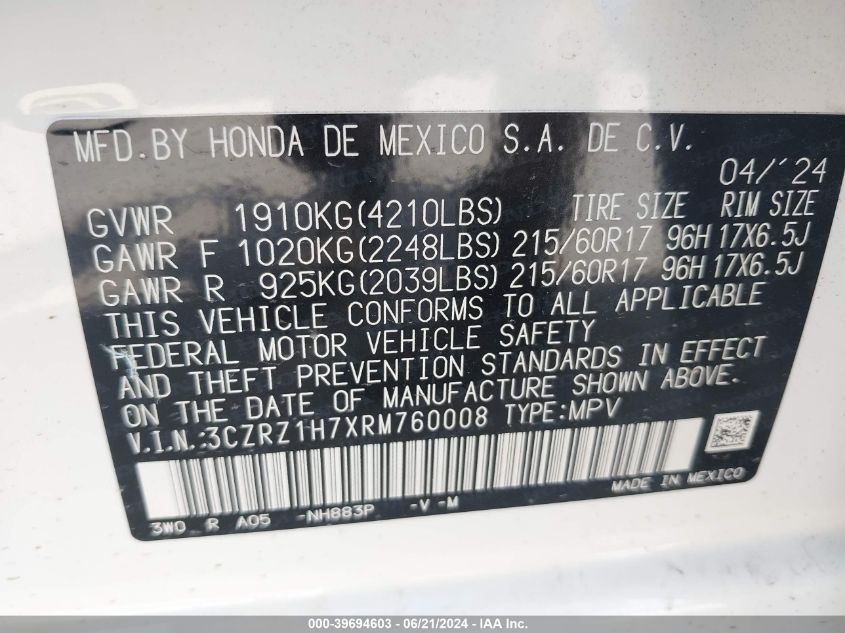 2024 Honda Hr-V Exl VIN: 3CZRZ1H7XRM760008 Lot: 39694603