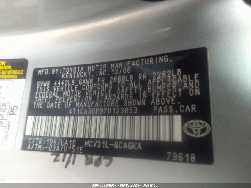 2007 Toyota Camry Solara Sle V6 VIN: 4T1CA30P97U123853 Lot: 39694607