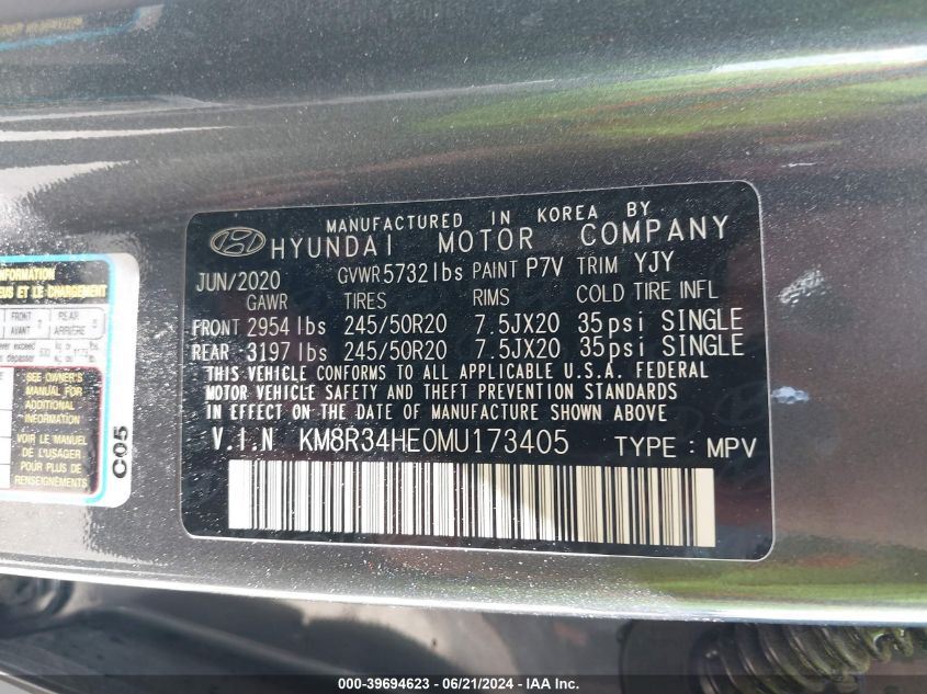 2021 Hyundai Palisade Sel VIN: KM8R34HE0MU173405 Lot: 39694623