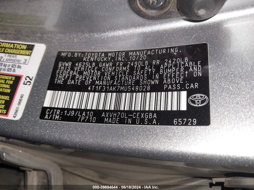2021 TOYOTA CAMRY XLE HYBRID - 4T1F31AK7MU548028